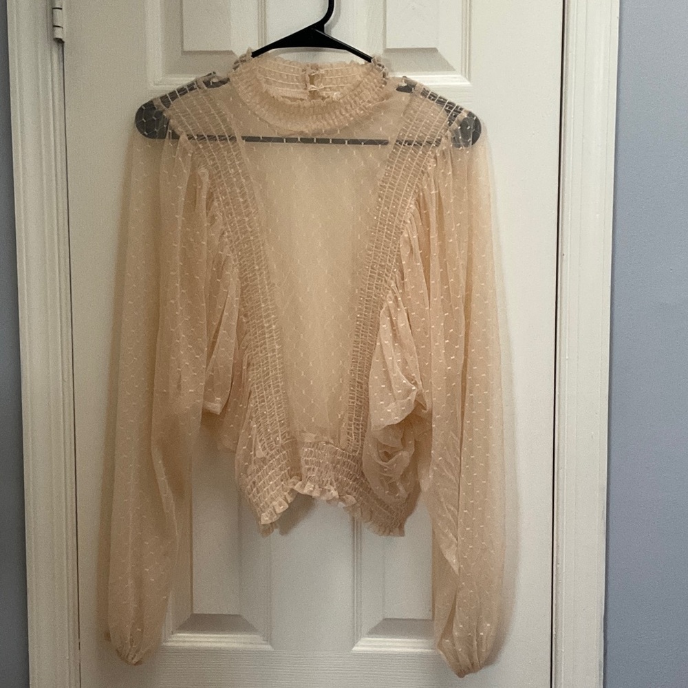 Sheer Dot-Textured Long Sleeve Blouse - Cream